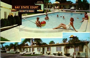 Pool Swimsuits old cars Bay State Court Motel St Petersburg Florida Postcard - Picture 1 of 2