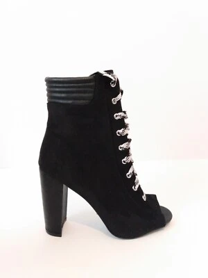 Qupid Mujeres Negro Imitación Gamuza 4" Tacón Grueso Con Cordones Punta abierta Botines Talla 8.5 Foto 1 de 4