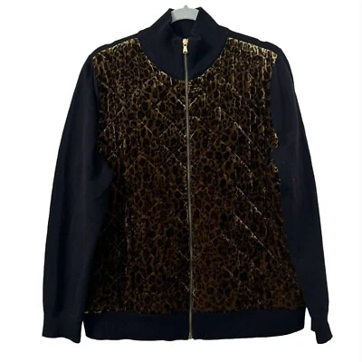 Ralph Lauren Acolchado Seda Terciopelo Leopardo y Negro Lana Cremallera Suéter Chaqueta 2X Foto 1 de 4