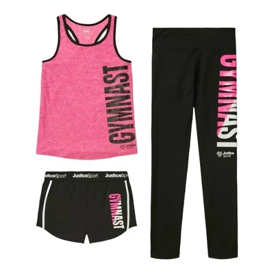 Justice Girls Gymnast Set Pink 12/14 Tank Top Shorts And Leggings Logo 3 Pieces - Image 1 of 4
