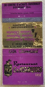Matchcover Duvernay Quebec Canada Restaurant Le Marquis Inc - Picture 1 of 3