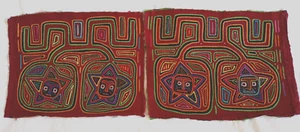 Pair of Vtg Kuna Molas Hand Sewn Reverse Applique Panama - Faces in Stars - Picture 1 of 4