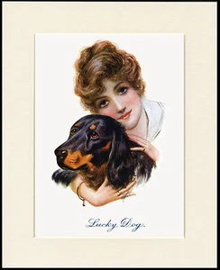 GORDON SETTER PRETTY GIRL AND DOG CHARMING PRINT MOUNTED READY TO FRAME - Picture 1 of 1