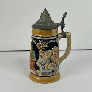 Vintage W Germany Pub Scene Hand Painted Beer Stein Pewter Lid 4x6 Hopfen Blue - Picture 1 of 13