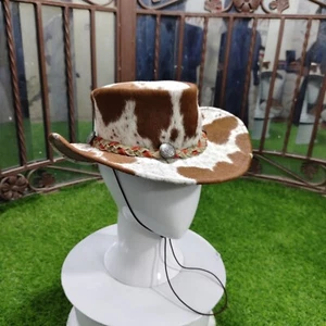 Hombre Cuero Vaquero Occidental Sombrero Pelo de Pony Marrón Blanco Estilo Rodeo - Imagen 1 de 9