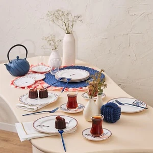 Plate Set for 6 People - Colorful Dessert Plates, Porcelain, Turkish Tea Glasses - Picture 1 of 7