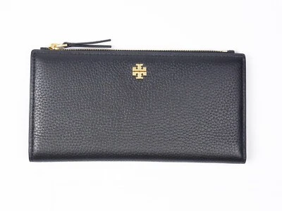 Latest New Tory Burch BLAKE Black Pebbled Leather Slim Envelope Wallet - Image 1 of 4