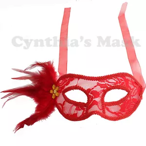Maschera veneziana in pizzo rosso con piume festa ballo martedì grasso Halloween - Foto 1 di 1