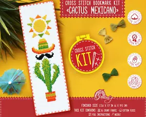 Small Cross Stitch Bookmark Kit 'Cactus Mexicano' with Easy Counted Pattern - Picture 1 of 9