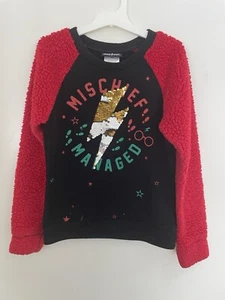 Harry Potter Kid Girls Flip Sequin Bolt Faux Fur Raglan Sleeve Shirt Black S 7/8 - Picture 1 of 6