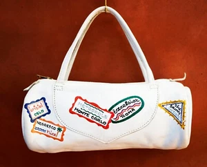 VINTAGE Micro Mini White Leather Handbag with Hand Painted Travel Stickers - Picture 1 of 8