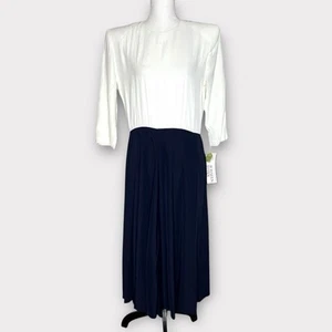 ED Michaels Petite abito vintage anni 80 90 bianco navy midi modesto gonna plissettata L - Foto 1 di 14