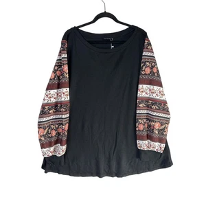 Bloomchic Boho Print Crew Neck Waffle Knit Sweatshirt Top Floral Black Tan 22-24 - Picture 1 of 14