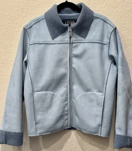 Izod Outerwear Fleece Jacket Womens M Ice Blue Faux Suede Full Zip Sherpa Great - Picture 1 of 8