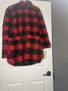 Kensie Reversible Coat With Attached Hood Red Black Checkered Medium Nwt - Picture 1 of 2