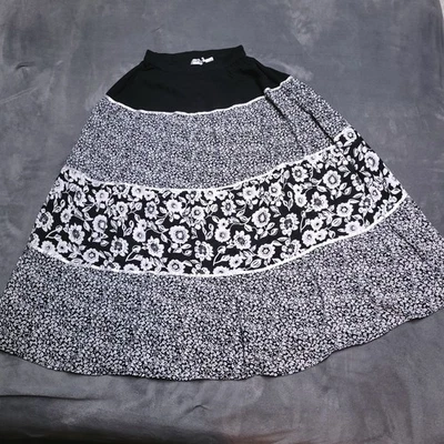 Cathy Daniels 农民裙 尺寸 S Cottagecore 黑色 白色 花卉 Midi 波西米亚 — 第 1/4 张图片