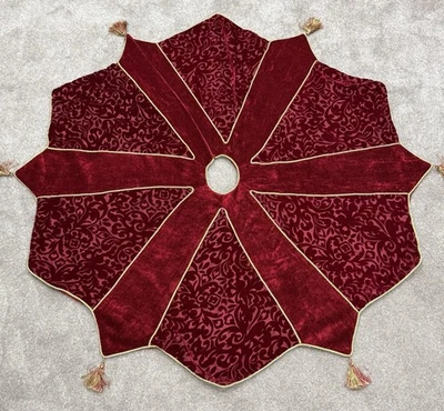 Vintage Burgundy Velvet Christmas Tree Skirt With Gold Brocade,Trim & Tassels - Image 1 of 4