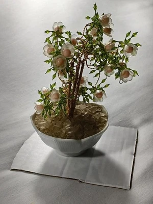 Wire Flower Tree Sculpture Copper Bonsai in Ceramic Pot Glass Flowers Pink Art - Image 1 of 4