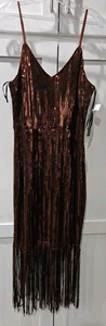 Vestido midi con flecos de lentejuelas M Lulus Anjou bronce cobre forro tejido cóctel para damas - Imagen 1 de 7