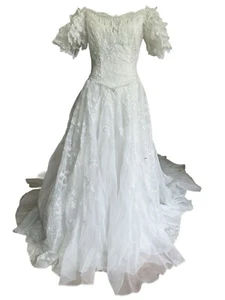 Off the Shoulder Fairy Princess Wedding Dress Full Train Beading Embroidery Lace - Picture 1 of 10