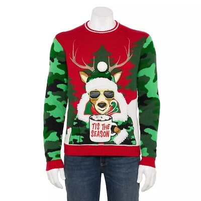 Ugly Christmas Sweater Men Tis The Season Reindeer Santa Party Size Medium - NWT - Image 1 of 2