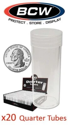 20 tubos redondos de monedas de cuarto de galón BCW de 24 mm de plástico transparente con tapa atornillada nuevo lote envío y devolución gratuitos Foto 1 de 4