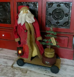 Primitive Santa Claus Doll on Cart Nesting Pantry Boxes Lighted Lantern Tree 26" - Picture 1 of 12