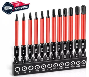 12-Piece Impact Security Torx Bit Set T5-T40 S2 Steel Magnetic 1/4" Hex Shank - Picture 1 of 8
