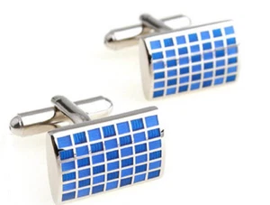 Silver & Blue Enamel Check Mens Rectangle Gift Cuff links by CUFFLINKS DIRECT - Picture 1 of 6