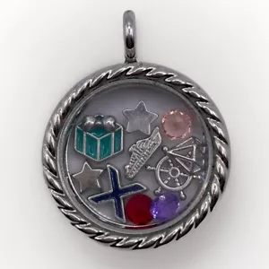 Floating Round Locket Pendant Silver Tone Rope Accent X 10 Charms Stars Nautical - Picture 1 of 11
