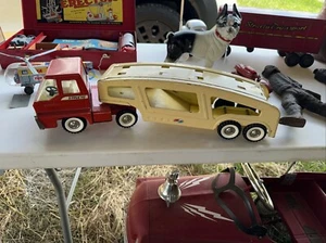 60’s Structo Car Hauler Semi Truck Carrier Red Yellow Black Wall Tires w/ Ramp - Picture 1 of 13