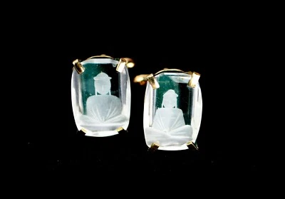 Gemelos SWANK Buda vidrio grabado tallado reverso cristal incrustado gemelos Foto 1 de 4