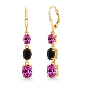 18K Yellow Gold Plated Silver Pink Created Sapphire 3 Stone Dangle Earrings For - Picture 1 of 6