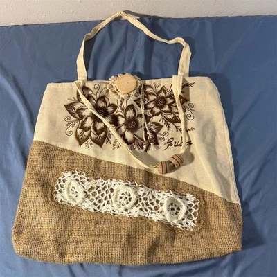  Bolso de Mano Mujer Beige Floral Yute Lino con Detalle de Cuentas Foto 1 de 4