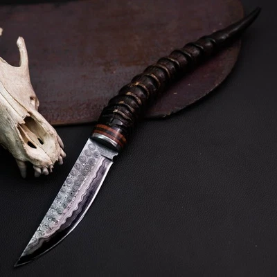 Готовый к подарку нож из дамасской стали 12,8 дюйма с накладным монтажом для охоты + кожаные ножны - Изображение 1 из 4