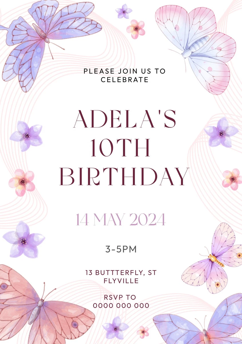 Invitaciones Cumpleaños Niña 12 Invitaciones De Cumpleaños Infantiles -  Diseño Mariposa Rosa Invitaciones De Mariposas Para Imprimir, image size:845x1200