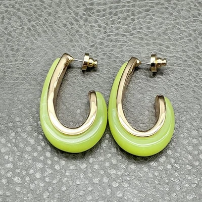 Pendientes de aro retro tono dorado esmalte verde lima gruesos joyería llamativa 2" Foto 1 de 4
