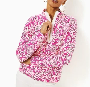 Lilly Pulitzer Ashlee Pullover Womens XL Passion Fruit Pink Floral Half Zip - Picture 1 of 10