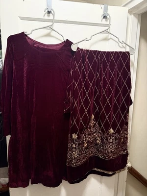 Pakistani/Indian Winter Wedding Party Velvet Suit With Embroidered Velvet Shawl - Image 1 of 4