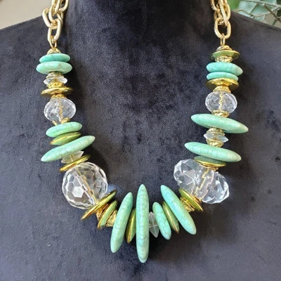 Colar de contas de cristal transparente verde turquesa moda feminina com fecho lagosta - Imagem 1 de 4