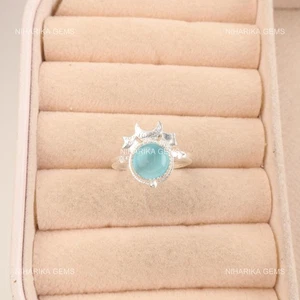 Natural Blue Cat's Eye 925 Sterling Silver Ethnic Solitaire Sister Ring Jewelry - Picture 1 of 9