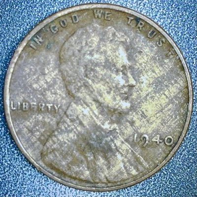 Moneda de error 1940-P centavo de trigo Lincoln centavo error leñoso error de aleación mezclado Foto 1 de 2