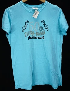 DAMEN FLORABAMA FLORA-BAMA T-SHIRT 50 JAHRE JUBILÄUM BLAU PAILLETTEN GEBLENDET XL - Bild 1 von 6