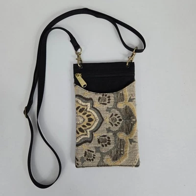 Canvas & Tapestry Black Beige Phone & Money Crossbody Bag with Adj Strap - Image 1 of 4