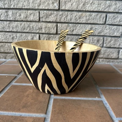 Vtg 3pc Clay Art Wood Salad/Fruit Bowl Zebra Stripes Print Servers 12” - Image 1 of 4