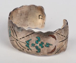 Vintage Native American Sterling Turquoise & Coral Inlay Cuff Bracelet Signed B - Picture 1 of 8