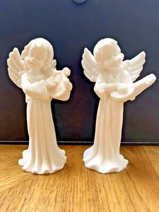 WHITE VINTAGE ANGELS HOLDING MUSICAL INSTRMENTS SET OF 2 - Picture 1 of 7