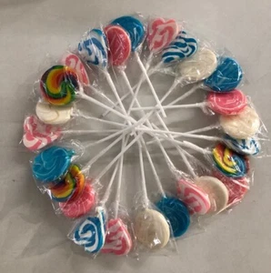 MIXED SWIRLY & HEART LOLLIPOPS 24ct LOLLIES RAINBOW SMALL LOLLYPOPS GLUTEN FREE - Picture 1 of 3