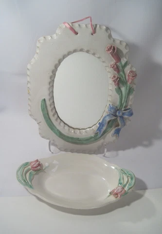 Sculpted Calla Lily Pottery Mirro & Matching Trinket Bowl Rare Vanity Set 2Pcs Cover