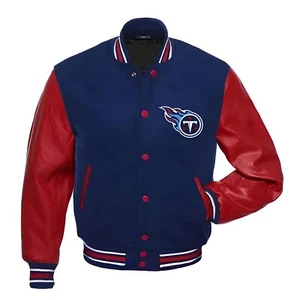 Tennessee Titans Navy Blue Body Red Leather Letterman Jacket Varsity Jacket - Picture 1 of 5